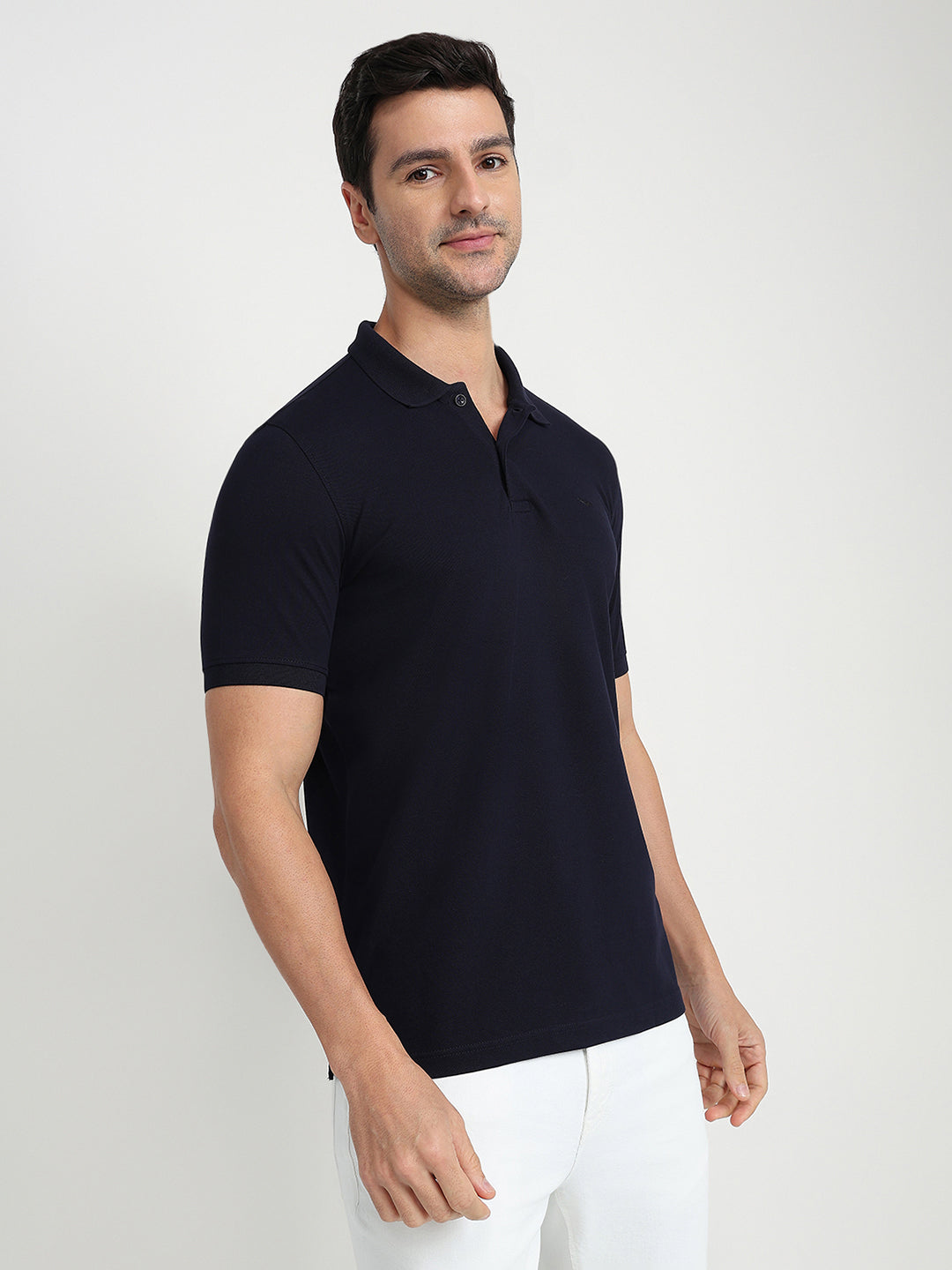 Park Avenue Men Blue Solid Slim Fit Cotton Blend Half Sleeve T-Shirt