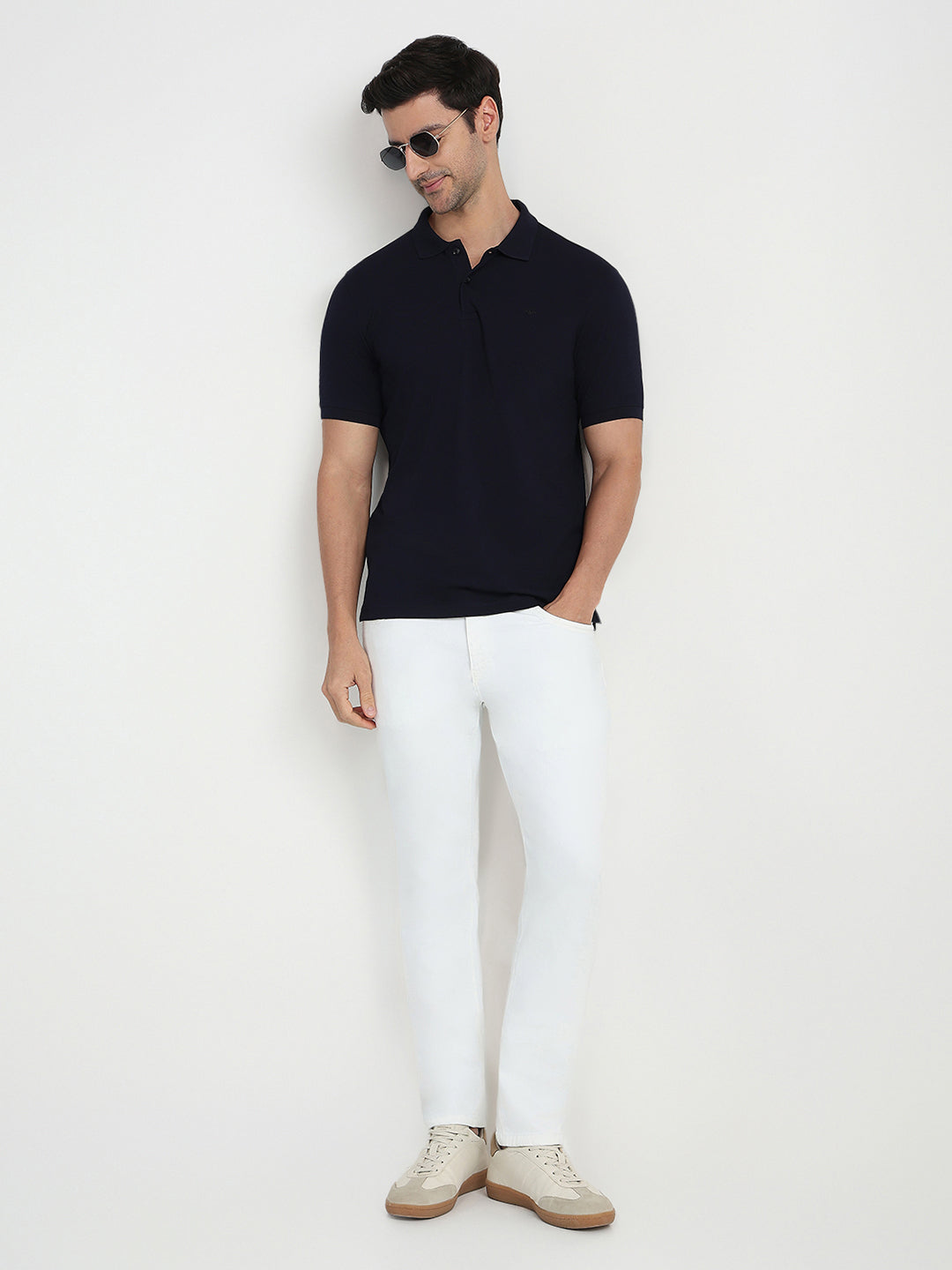 Park Avenue Men Blue Solid Slim Fit Cotton Blend Half Sleeve T-Shirt