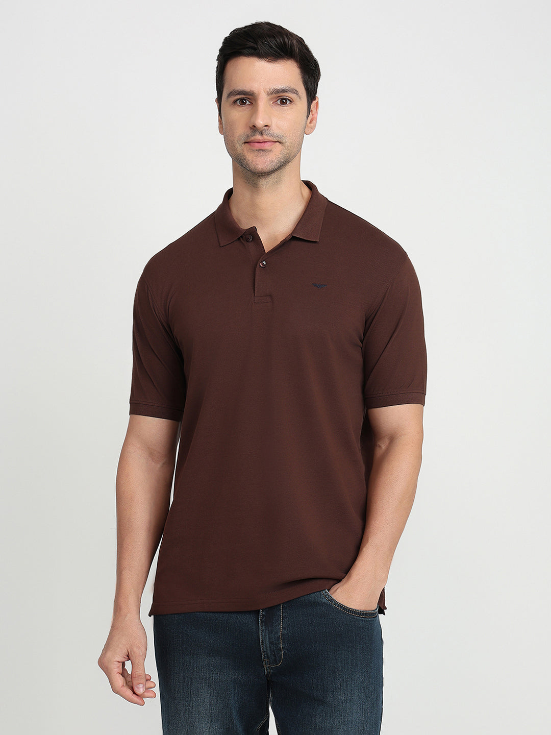 Park Avenue Men Brown Solid Slim Fit Cotton Blend Half Sleeve T-Shirt