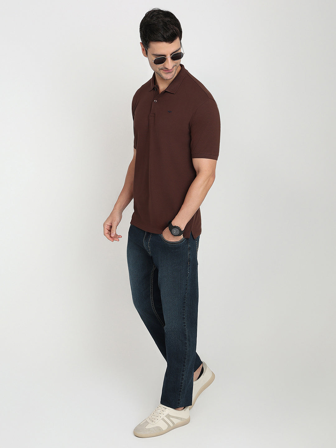 Park Avenue Men Brown Solid Slim Fit Cotton Blend Half Sleeve T-Shirt