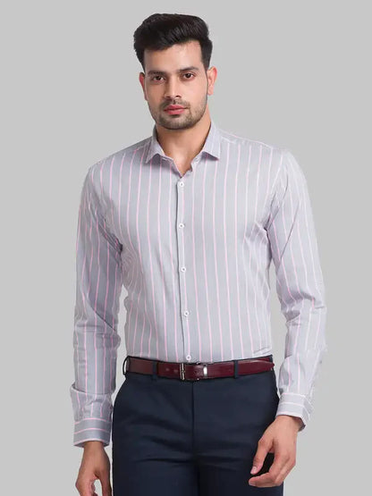 Park Avenue Men Grey Striped Slim Fit Cotton Blend Casual Shirt