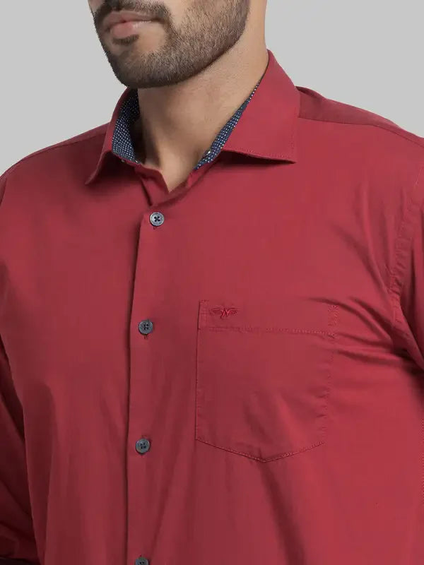 Men Red Slim Fit Two Tone Cotton Blend Cut Away Collar Shirts