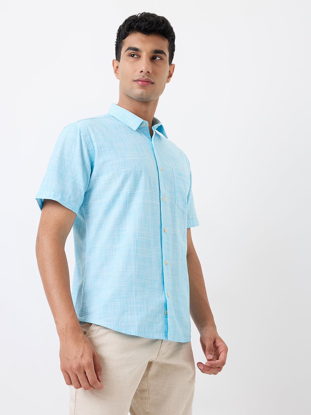 Park Avenue Men Blue Chambray Slim Fit Cotton Blend Shirt