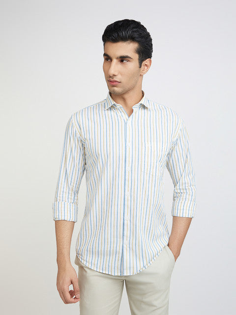 Men Yellow Slim Fit Stripe Cotton Cut Away Collar Shirts