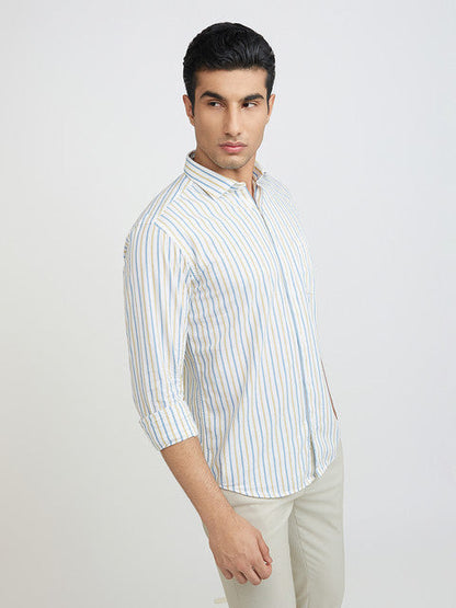 Men Yellow Slim Fit Stripe Cotton Cut Away Collar Shirts