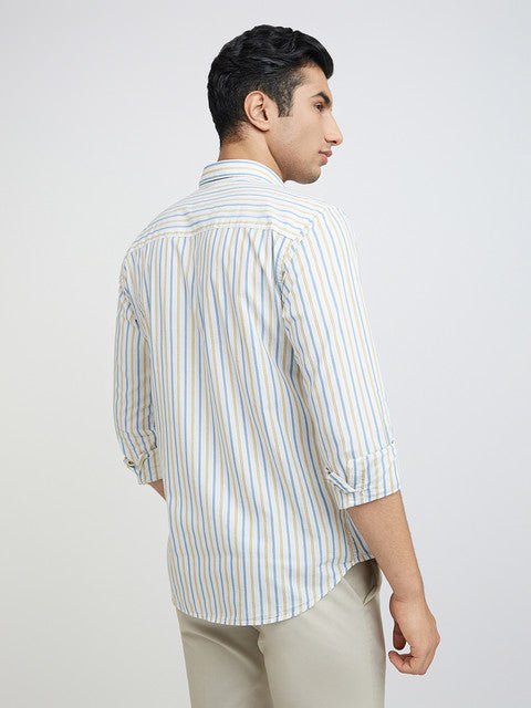 Men Yellow Slim Fit Stripe Cotton Cut Away Collar Shirts