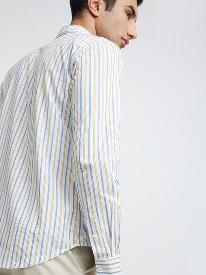 Men Yellow Slim Fit Stripe Cotton Cut Away Collar Shirts