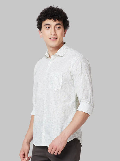 Men Green Slim Fit Print Cotton Cut Away Collar Shirts