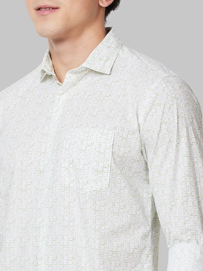 Men Green Slim Fit Print Cotton Cut Away Collar Shirts