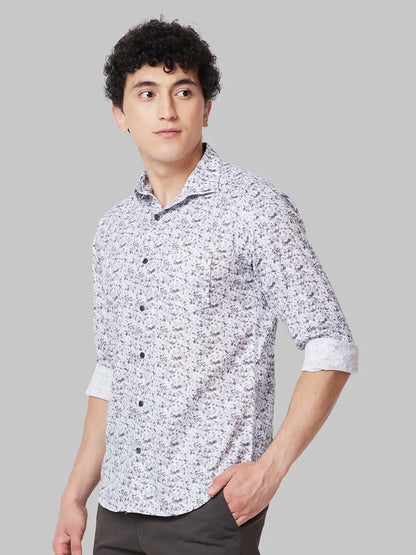Men Grey Slim Fit Print Cotton Cut Away Collar Shirts