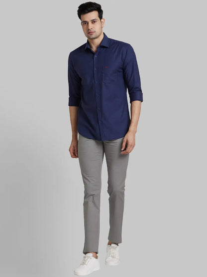 Men Blue Slim Fit Solid Cotton Shirts