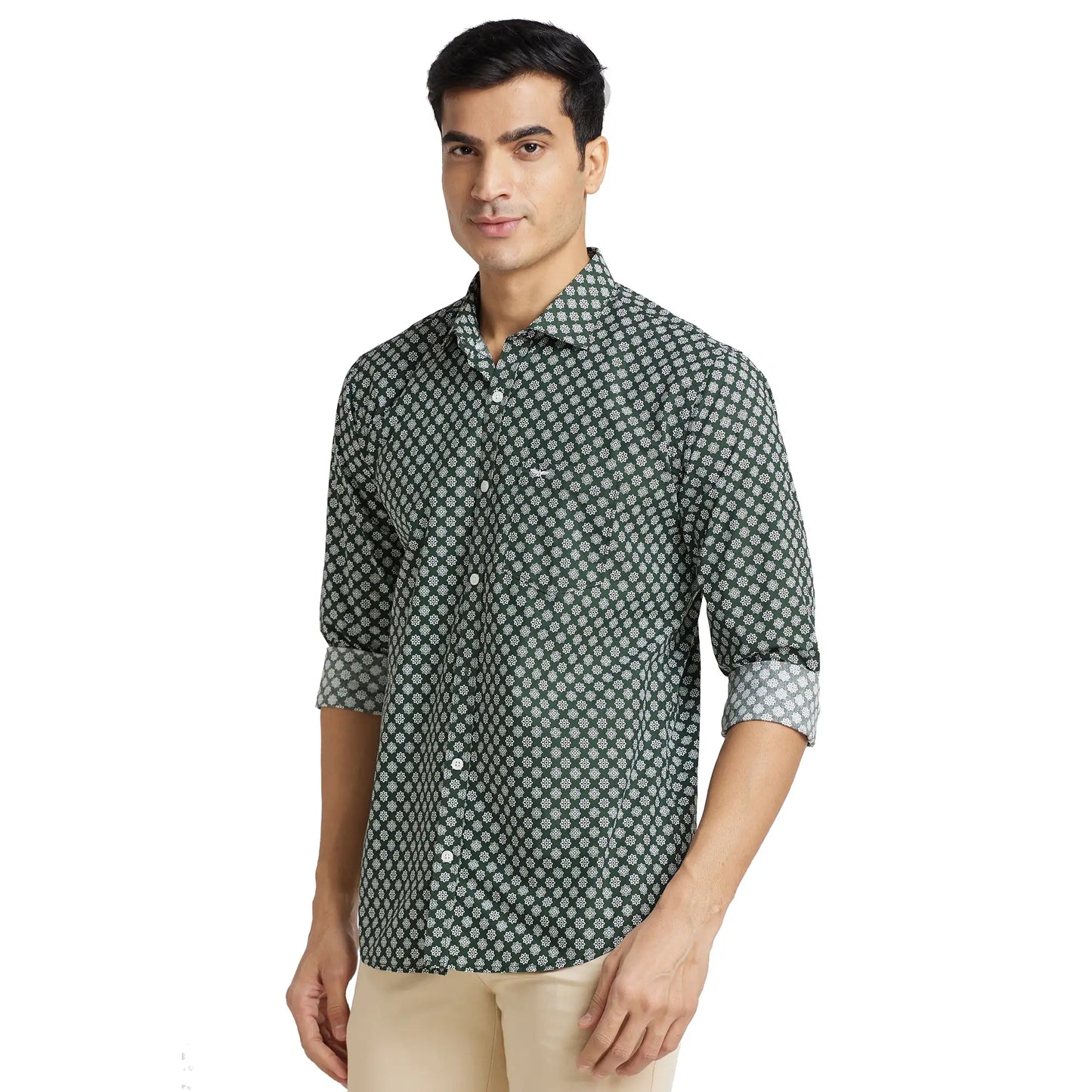 Park Avenue Men Green Print Slim Fit Cotton Shirt
