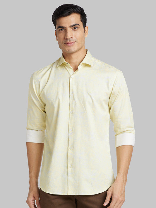 Park Avenue Men Yellow Printed Slim Fit Full Sleeve Cut Away Collar Shirt
