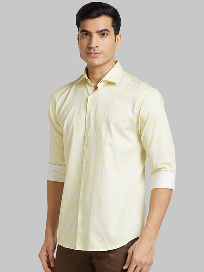 Park Avenue Men Yellow Printed Slim Fit Full Sleeve Cut Away Collar Shirt