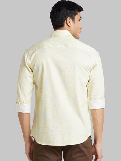 Park Avenue Men Yellow Printed Slim Fit Full Sleeve Cut Away Collar Shirt
