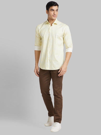 Park Avenue Men Yellow Printed Slim Fit Full Sleeve Cut Away Collar Shirt