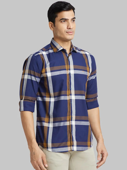 Men Blue Slim Fit Checks Cotton Shirts