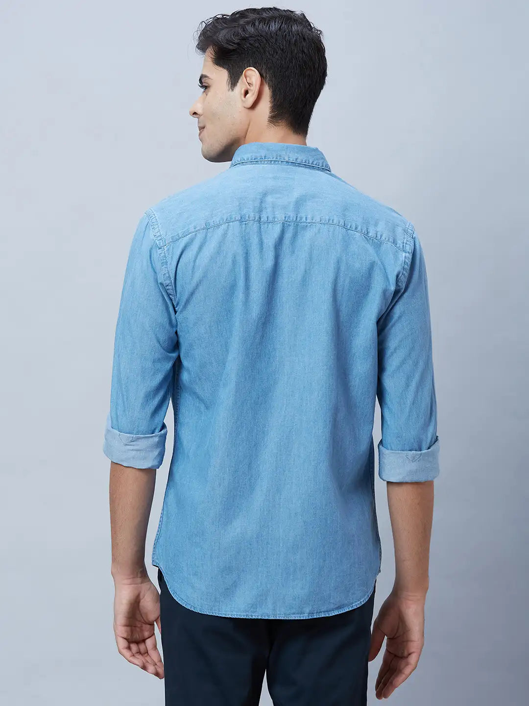 Men Blue Slim Fit Chambray Cotton Shirts