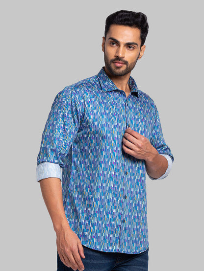 Park Avenue Men Blue Printed Slim Fit Full Sleeve Cut Away Collar Shirt