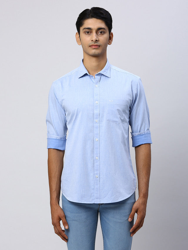 Park Avenue Men Blue Solid Slim Fit Full Sleeve Cut Away Collar Shirt