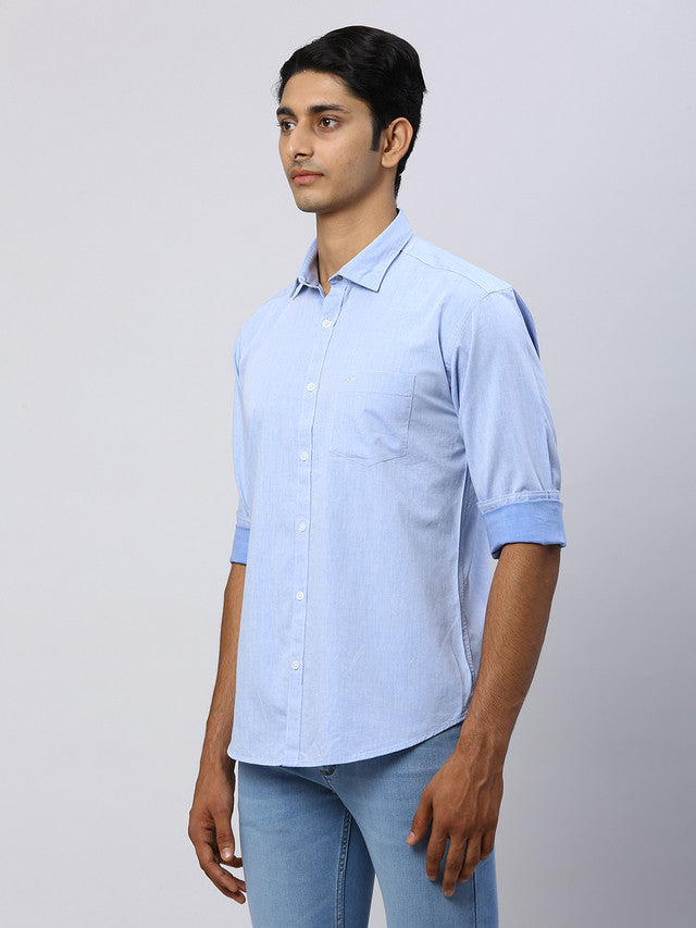 Park Avenue Men Blue Solid Slim Fit Full Sleeve Cut Away Collar Shirt