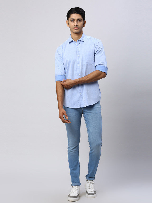 Park Avenue Men Blue Solid Slim Fit Full Sleeve Cut Away Collar Shirt