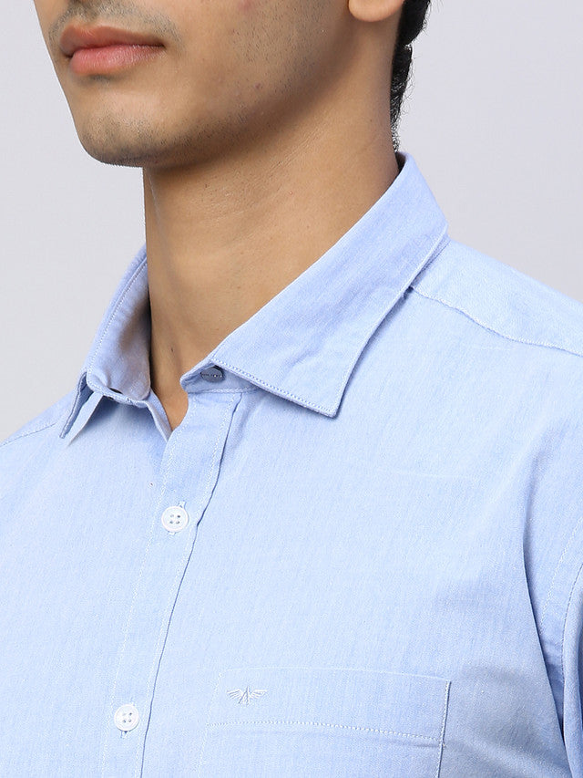 Park Avenue Men Blue Solid Slim Fit Full Sleeve Cut Away Collar Shirt