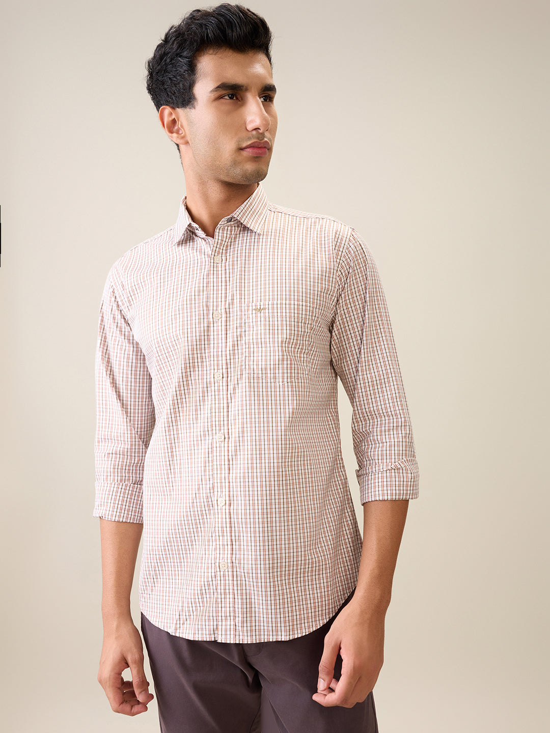 Park Avenue Men Brown Checks Slim Fit Cotton Casual Shirt