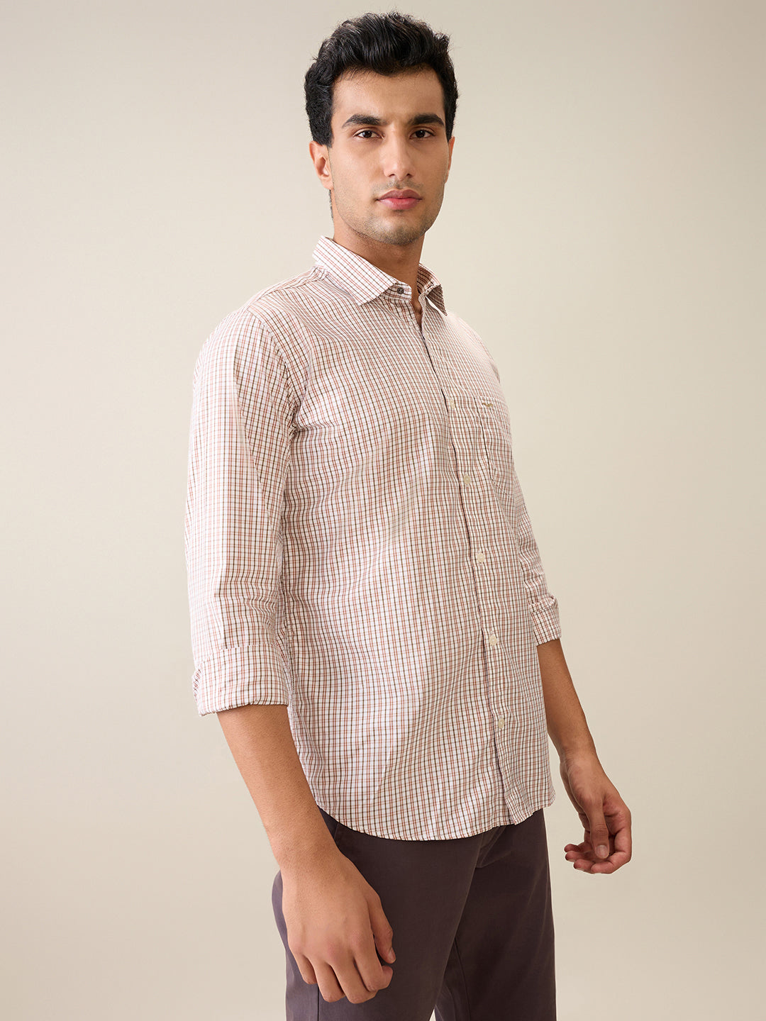 Park Avenue Men Brown Checks Slim Fit Cotton Casual Shirt
