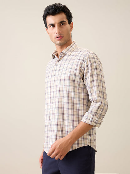 Park Avenue Men Brown Checks Slim Fit Polyester Blend Casual Shirt