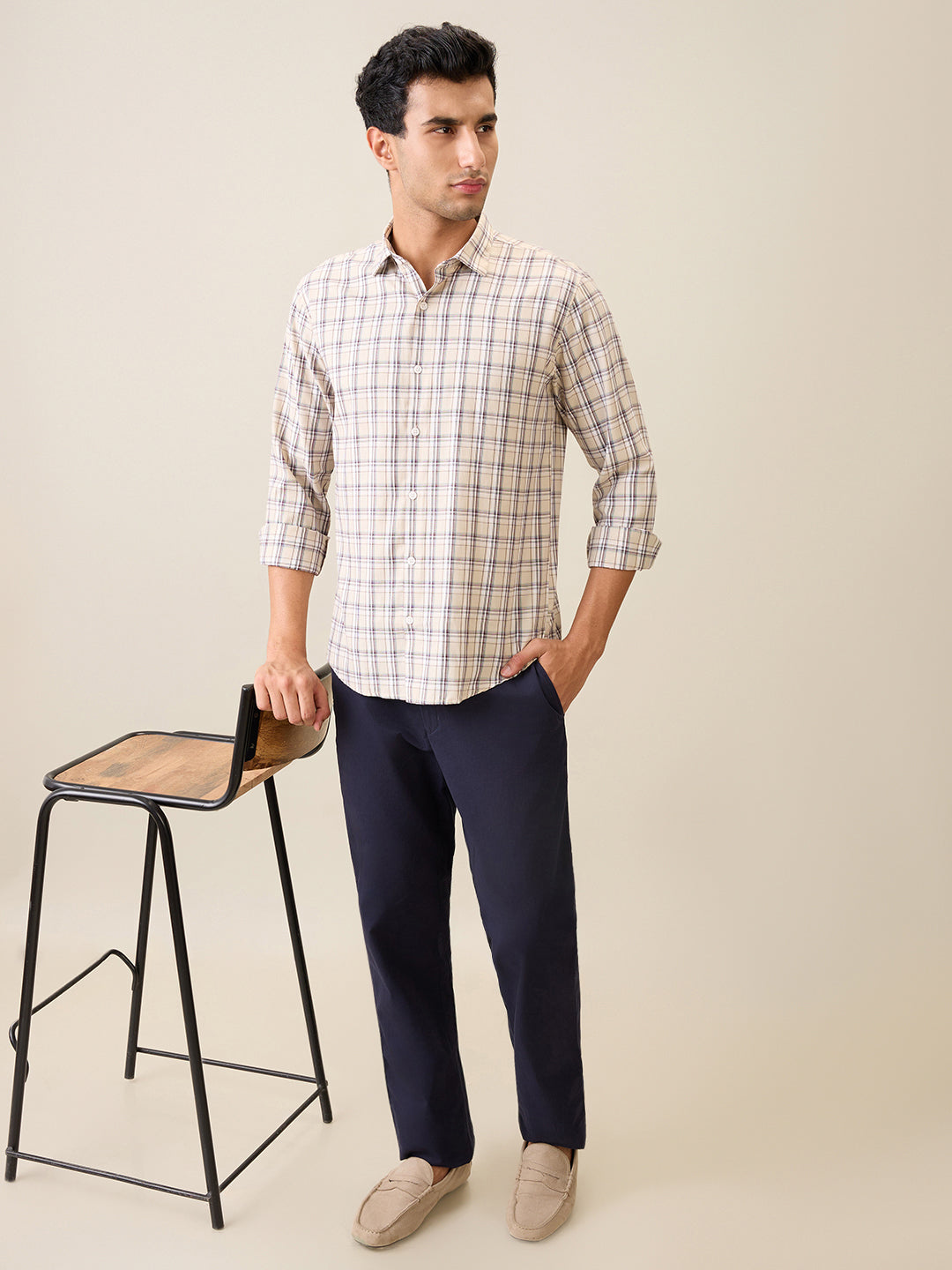 Park Avenue Men Brown Checks Slim Fit Polyester Blend Casual Shirt