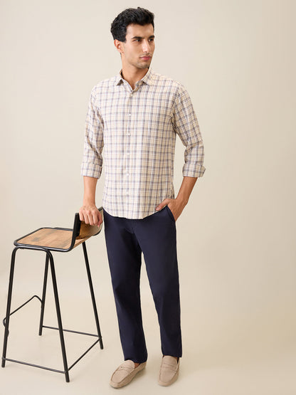 Park Avenue Men Brown Checks Slim Fit Polyester Blend Casual Shirt