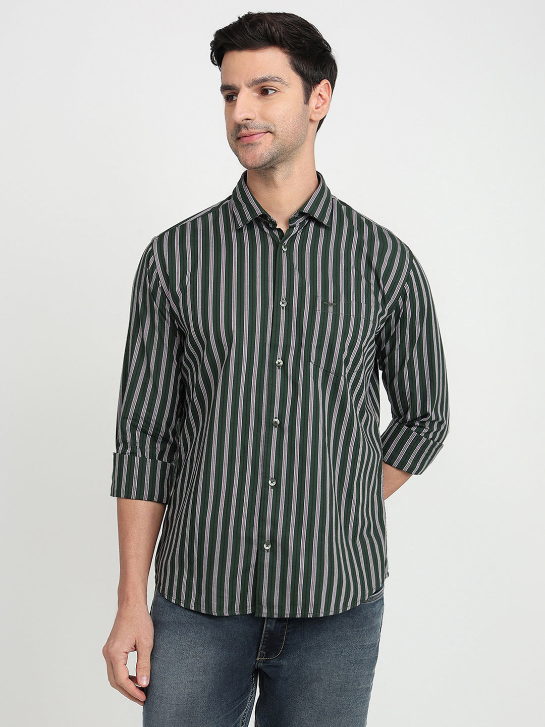 Park Avenue Men Green Stripe Slim Fit Cotton Full Sleeve Casual Shirt