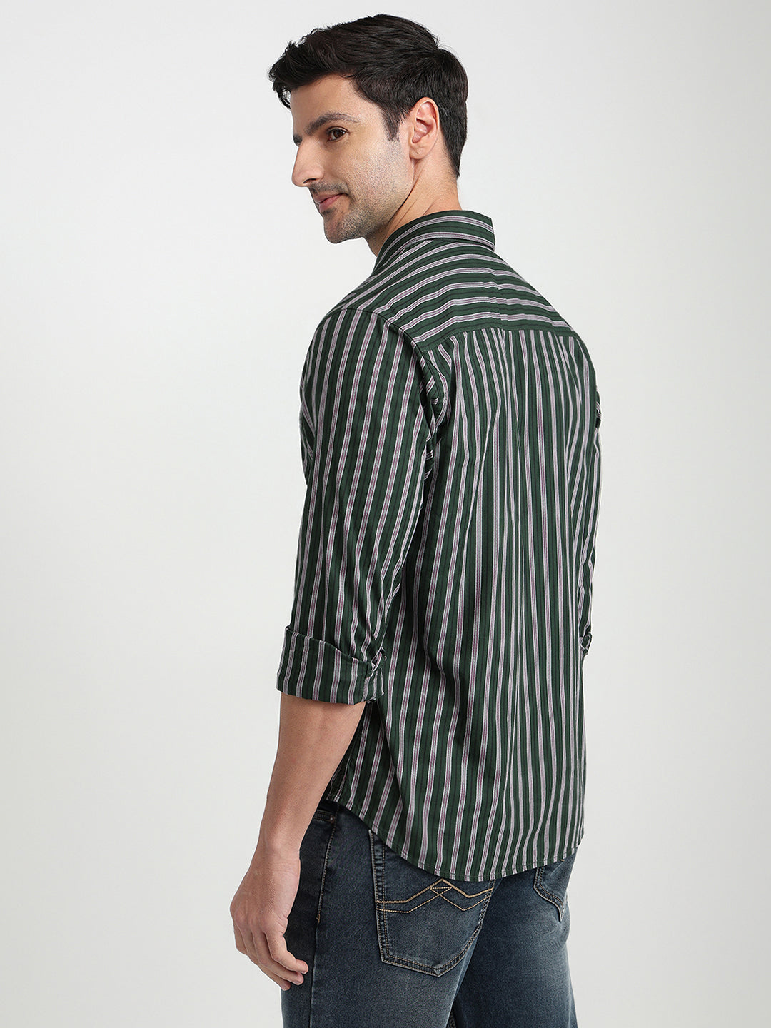Park Avenue Men Green Stripe Slim Fit Cotton Full Sleeve Casual Shirt