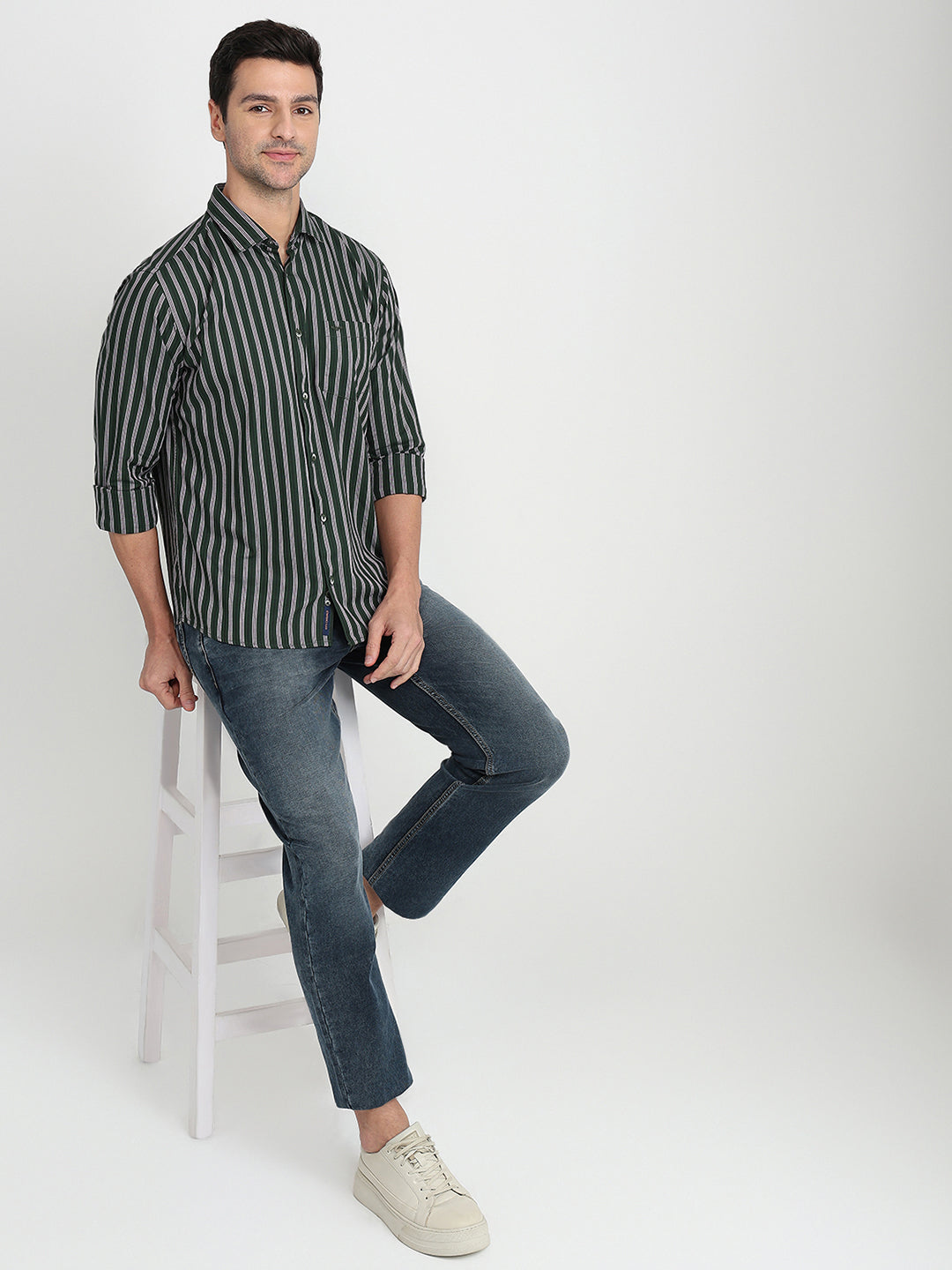 Park Avenue Men Green Stripe Slim Fit Cotton Full Sleeve Casual Shirt