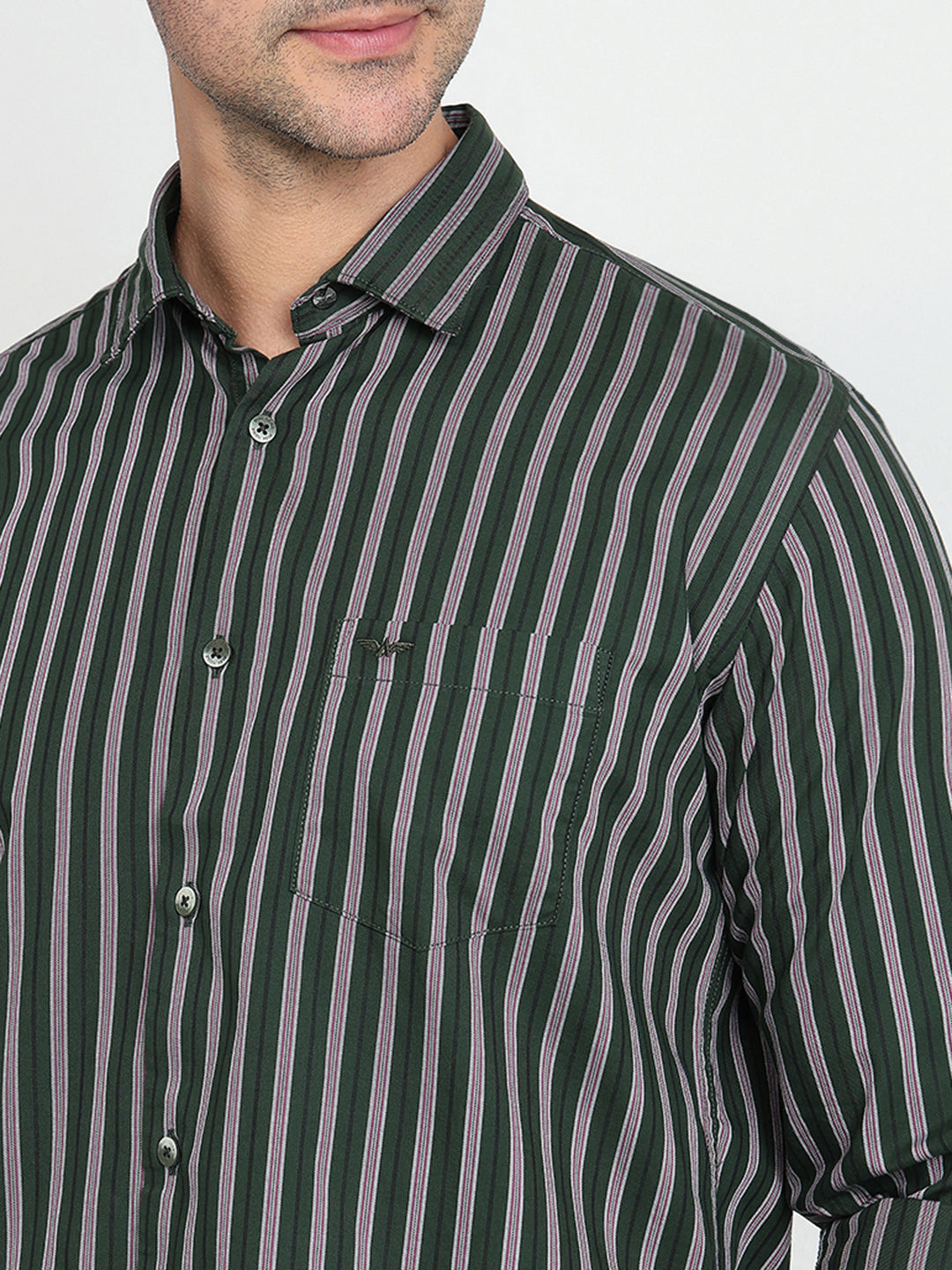 Park Avenue Men Green Stripe Slim Fit Cotton Full Sleeve Casual Shirt