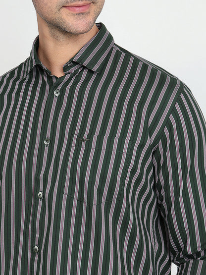 Park Avenue Men Green Stripe Slim Fit Cotton Full Sleeve Casual Shirt
