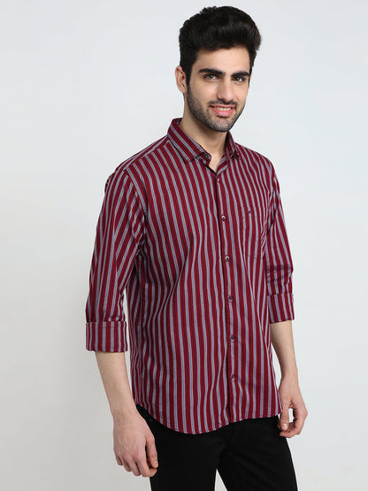 Park Avenue Men Red Stripe Slim Fit Cotton Full Sleeve Casual Shirt