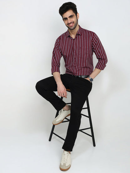 Park Avenue Men Red Stripe Slim Fit Cotton Full Sleeve Casual Shirt