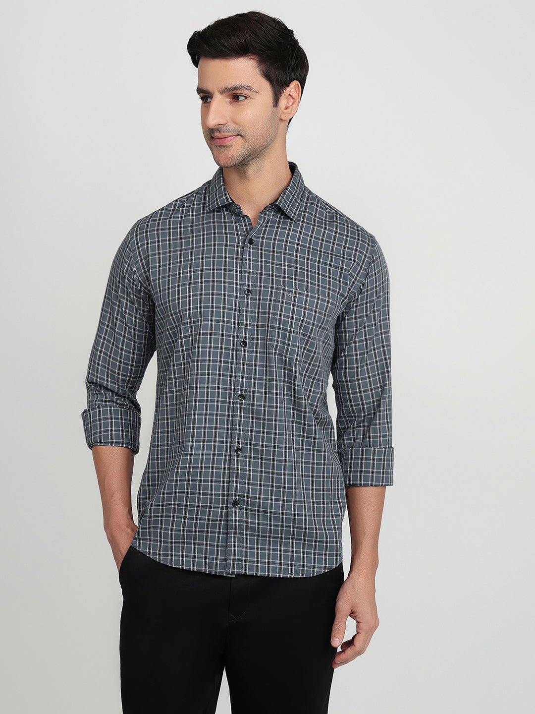 Park Avenue Men Grey Checks Slim Fit Cotton Full Sleeve Casual Shirt