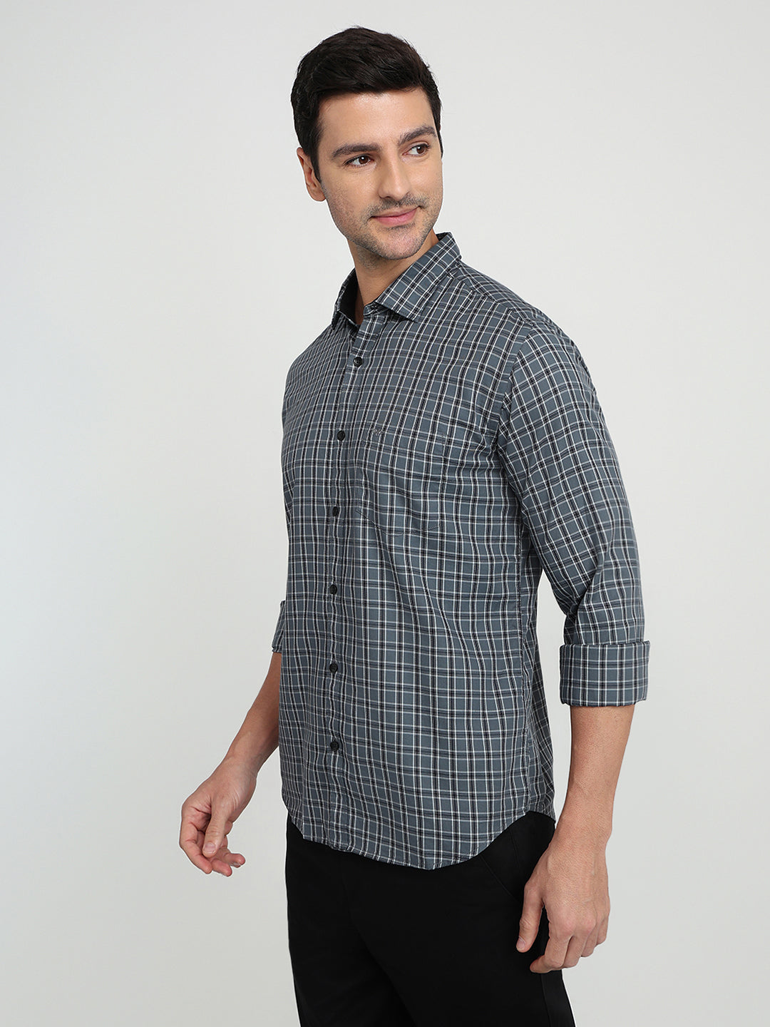 Park Avenue Men Grey Checks Slim Fit Cotton Full Sleeve Casual Shirt