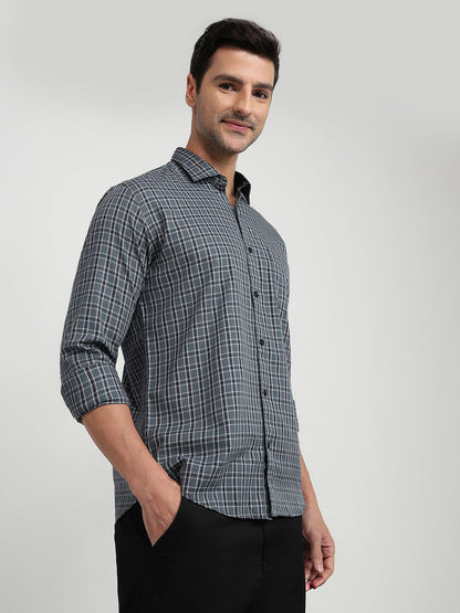Park Avenue Men Grey Checks Slim Fit Cotton Full Sleeve Casual Shirt