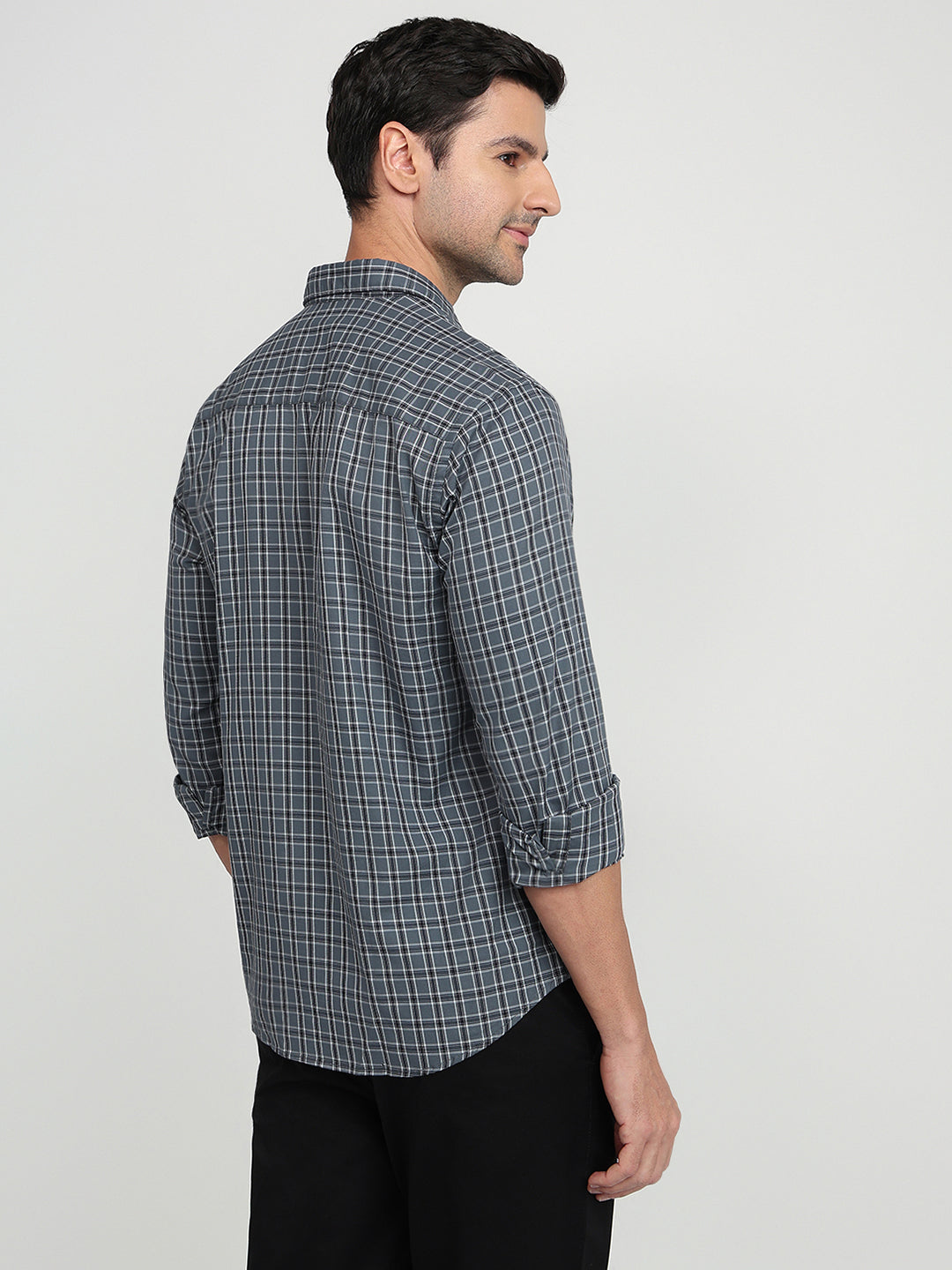 Park Avenue Men Grey Checks Slim Fit Cotton Full Sleeve Casual Shirt