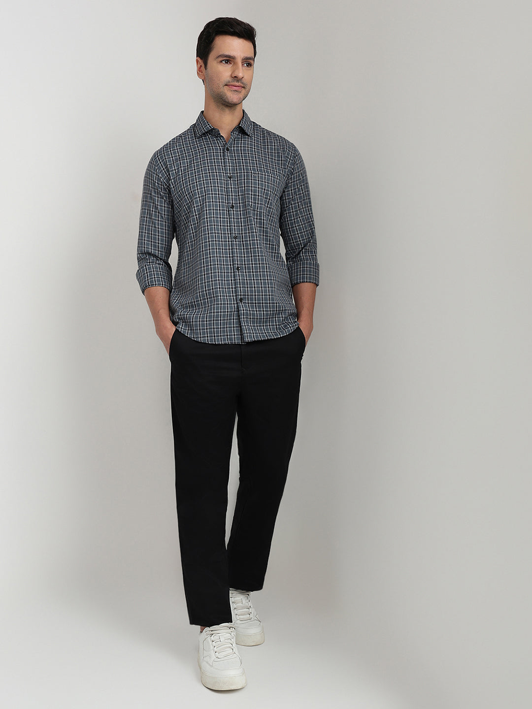 Park Avenue Men Grey Checks Slim Fit Cotton Full Sleeve Casual Shirt