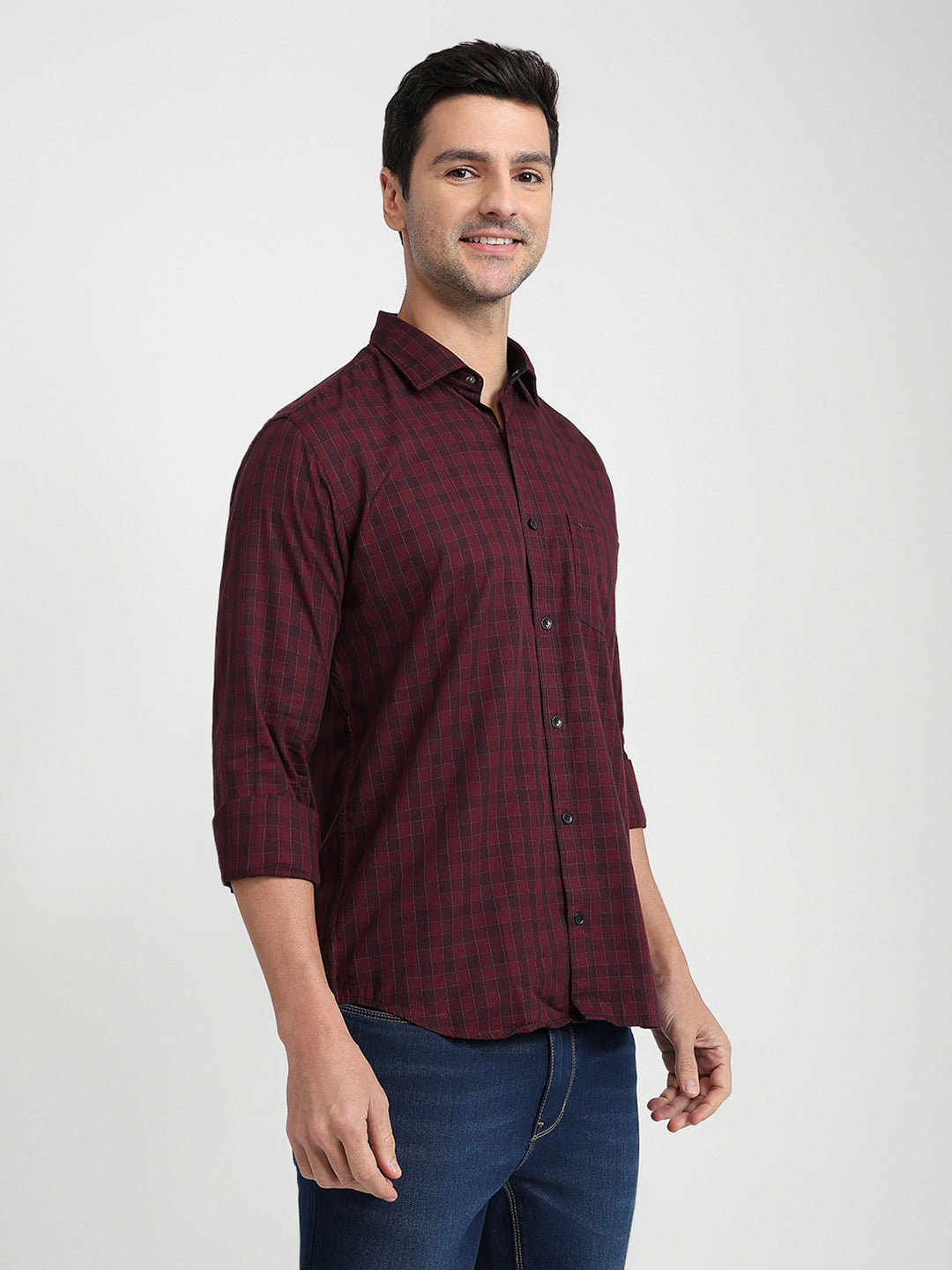 Park Avenue Men Maroon Checks Slim Fit Cotton Full Sleeve Casual Shirt