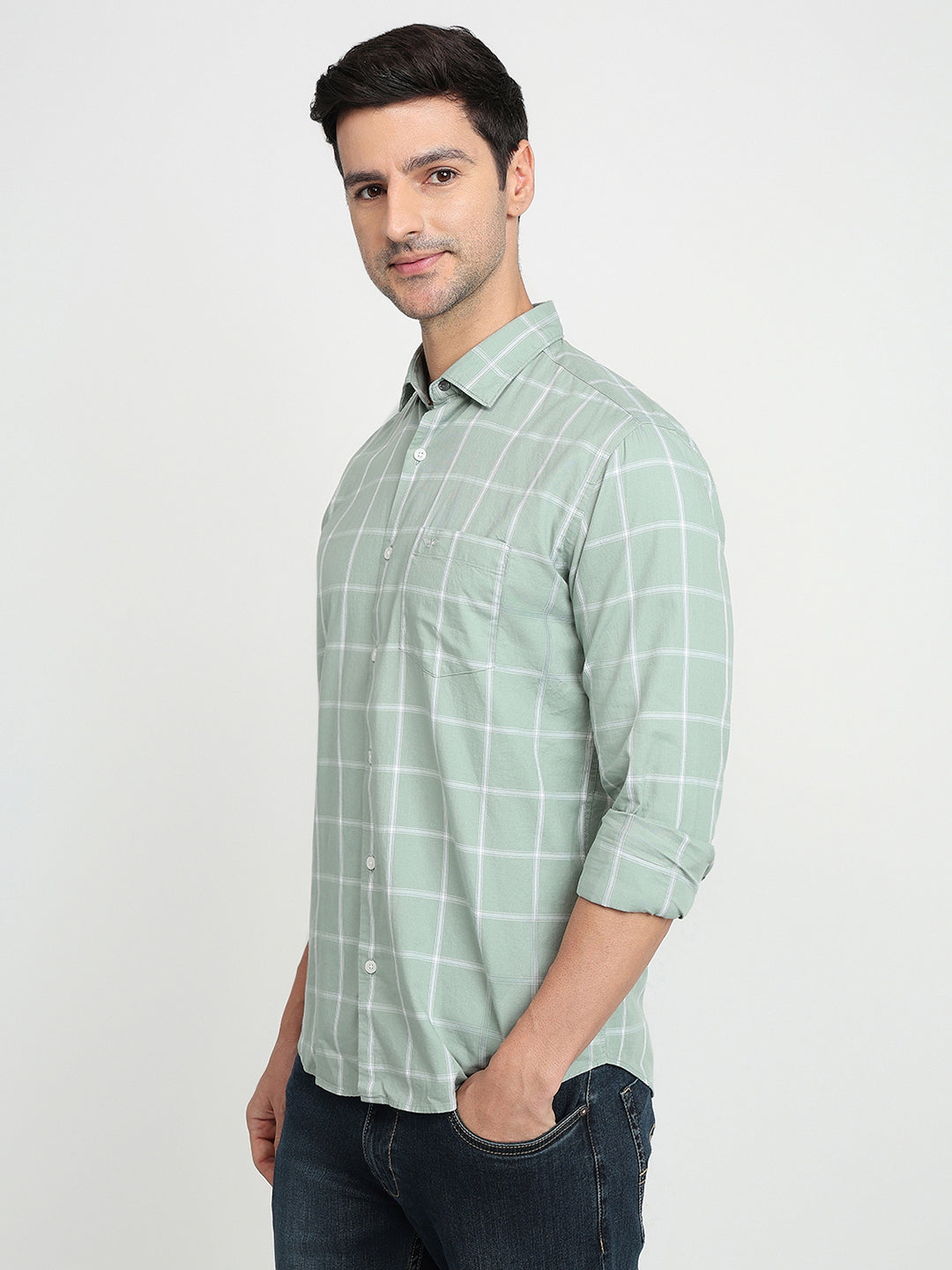 Park Avenue Men Green Checks Slim Fit Cotton Full Sleeve Casual Shirt