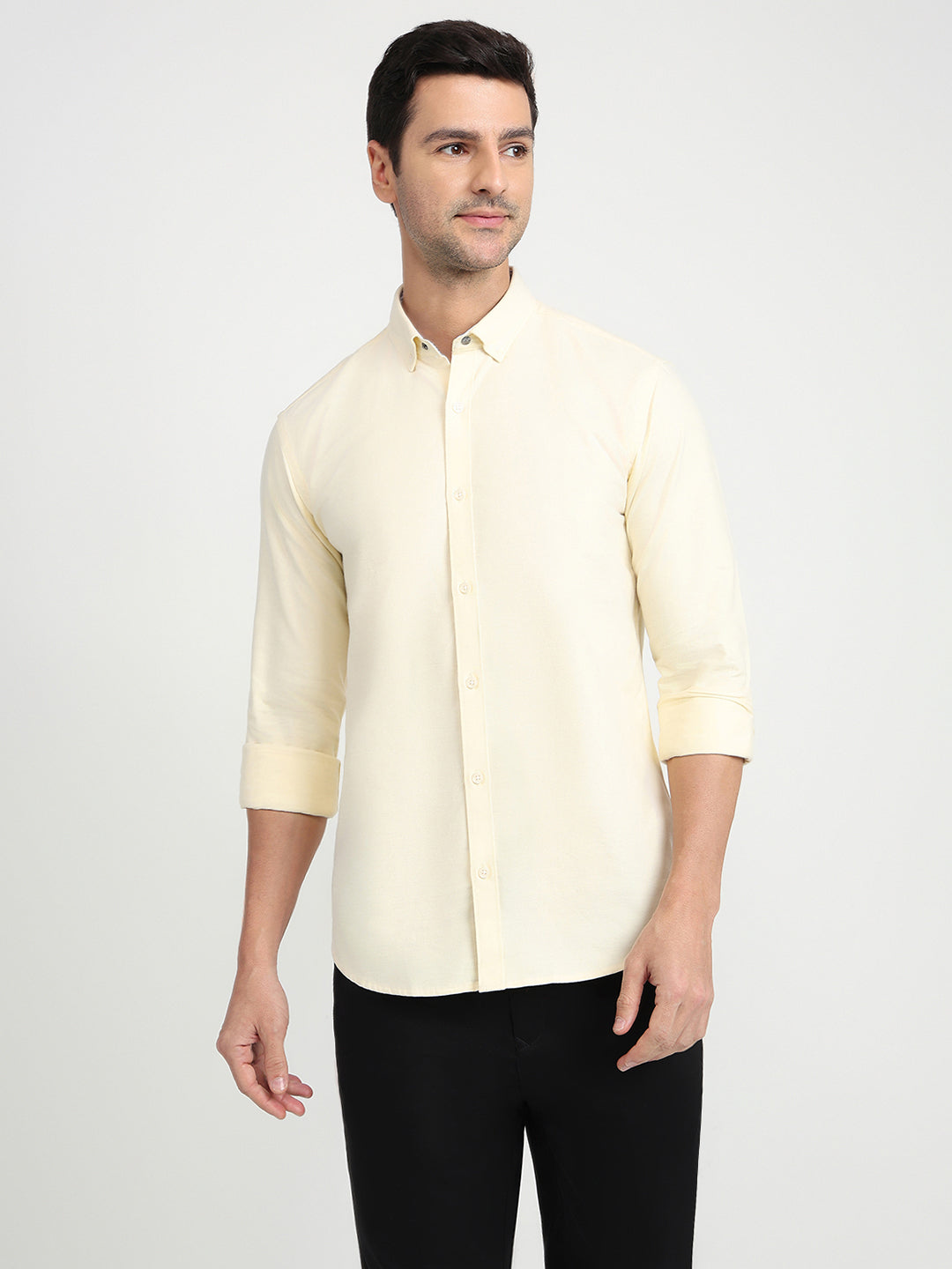 Park Avenue Men Yellow Solid Slim Fit Cotton Full Sleeve Casual Shirt