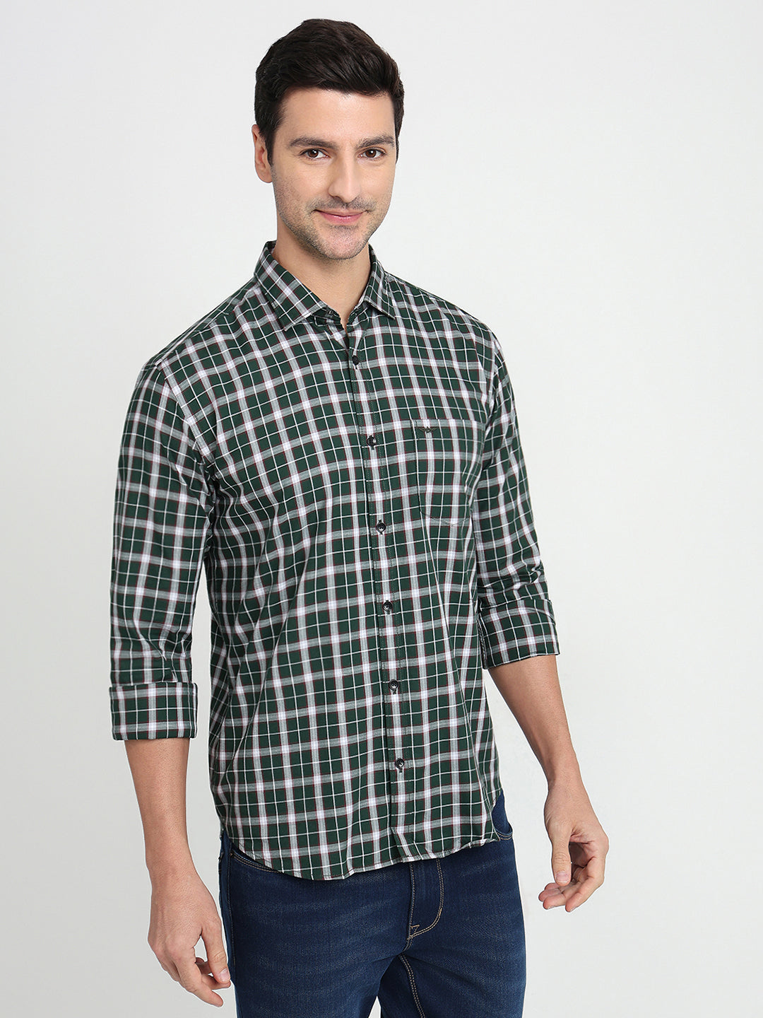 Park Avenue Men Green Checks Slim Fit Cotton Full Sleeve Casual Shirt