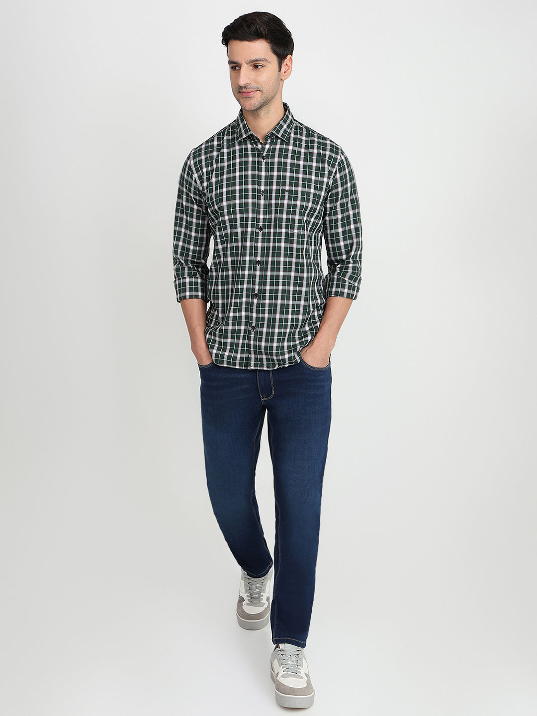 Park Avenue Men Green Checks Slim Fit Cotton Full Sleeve Casual Shirt