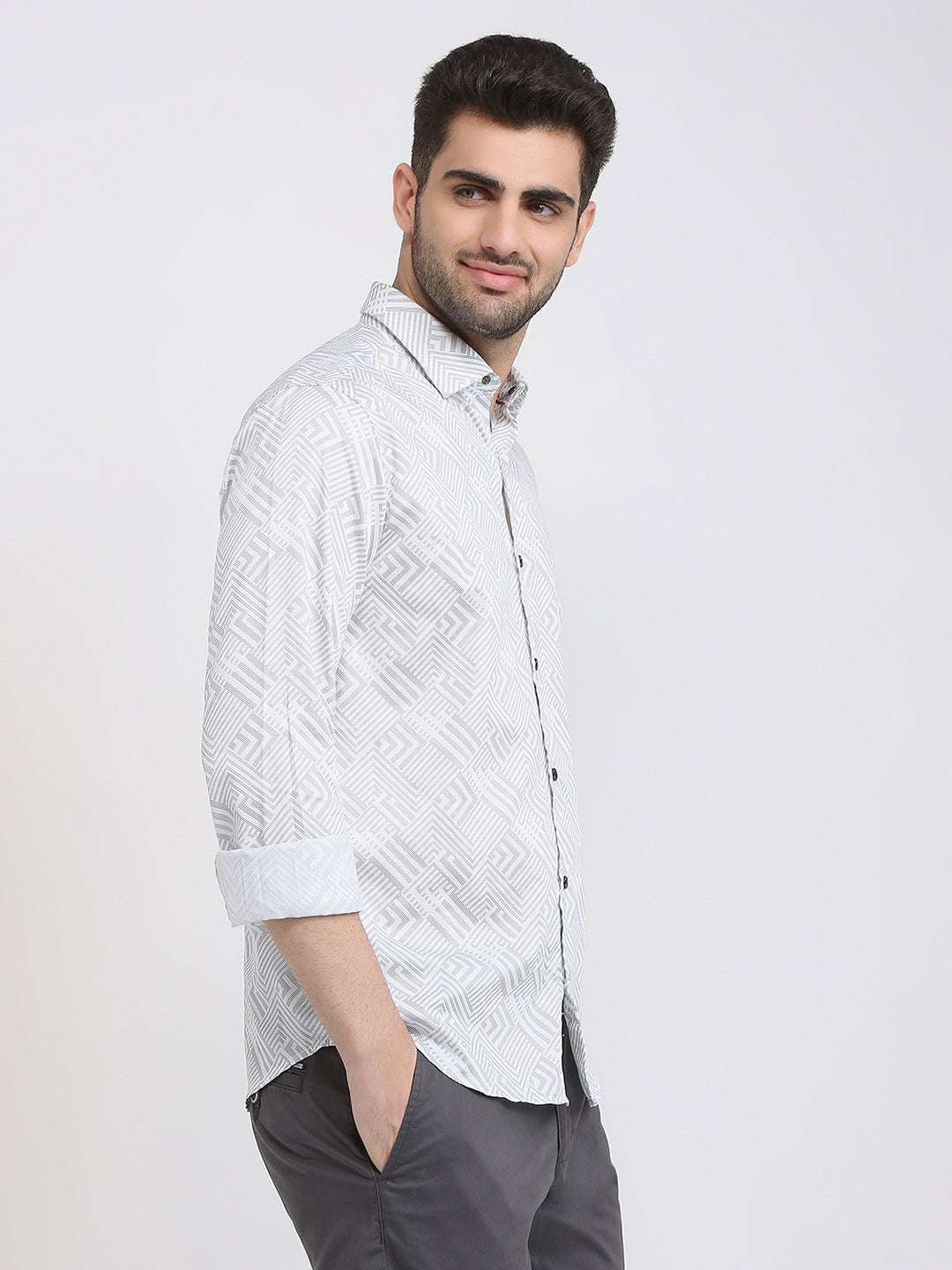 Park Avenue Men White Printed Slim Fit Cotton Full Sleeve Casual Shirt